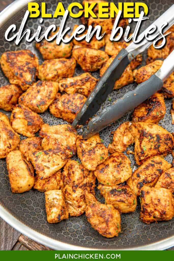 chicken bites in a skillet with tongs with text overlay