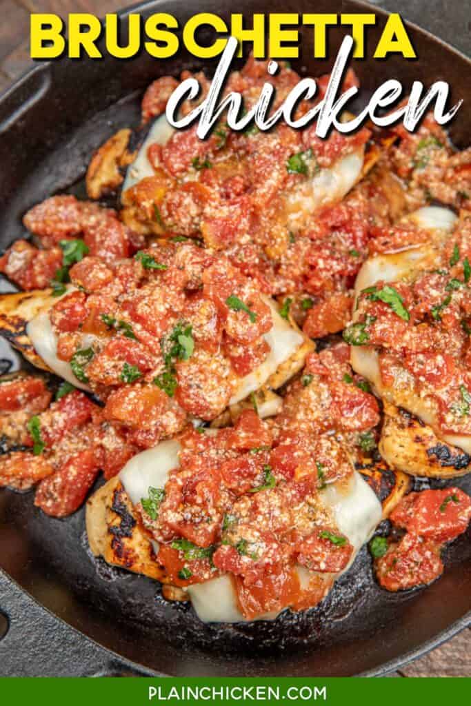 skillet of bruschetta topped chicken with text overlay