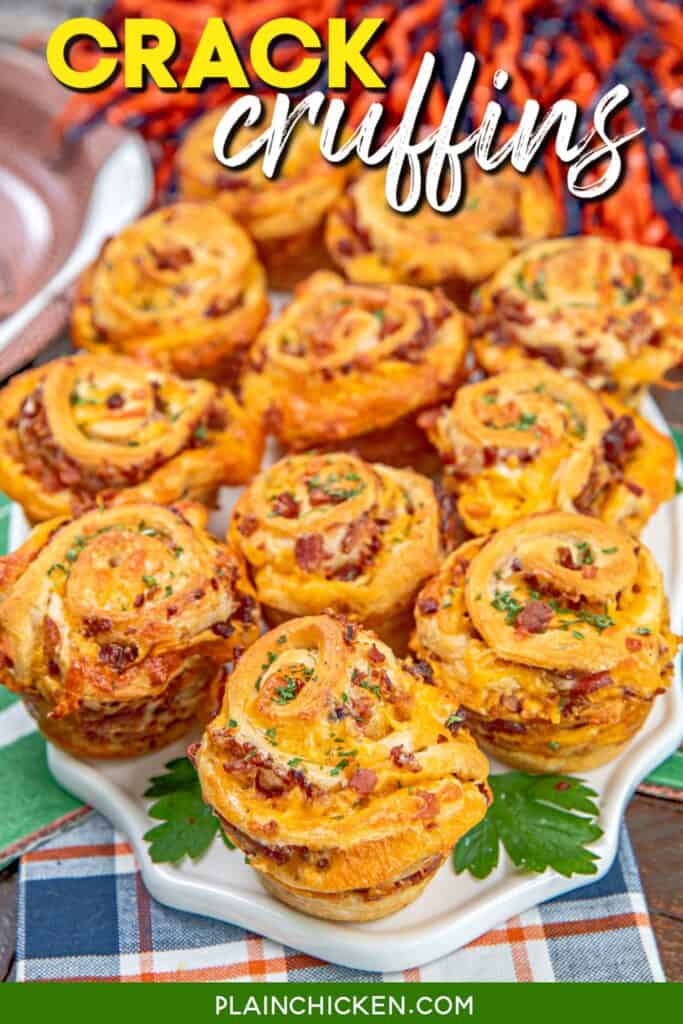 cheddar bacon ranch crescent muffins on a platter with text overlay