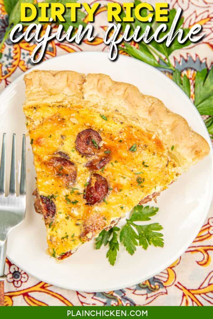 slice of cajun quiche on a plate with text overlay