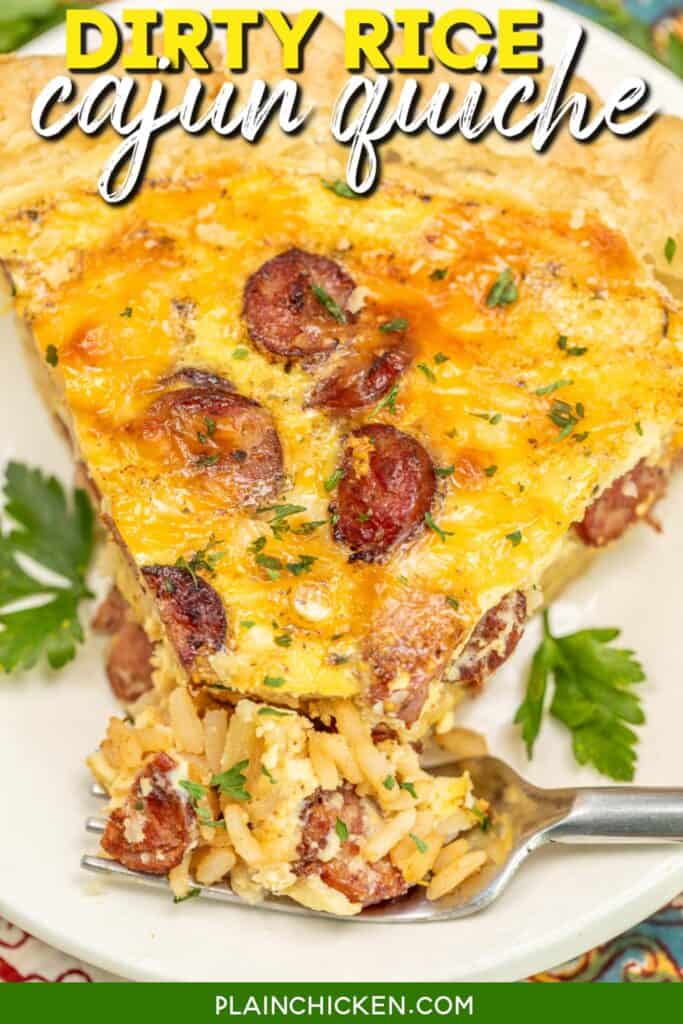 slice of cajun quiche on a plate with text overlay