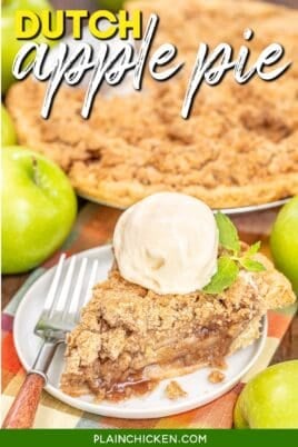 slice of apple pie topped with ice cream and mint on a plate with a whole pie in the background with text overlay