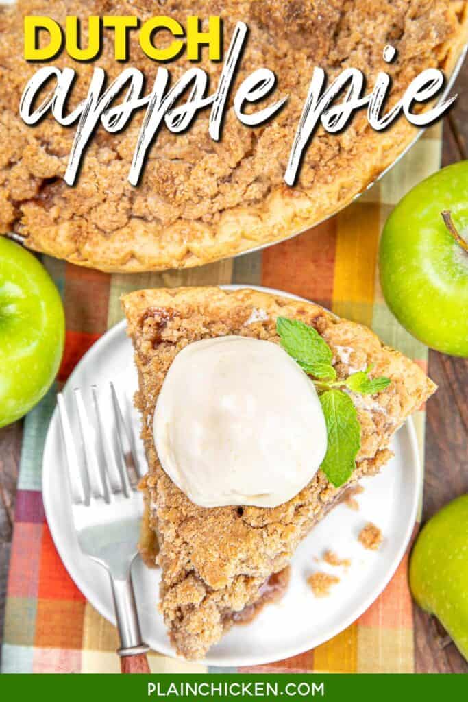 slice of apple pie topped with ice cream and mint on a plate with a whole pie in the background with text overlay