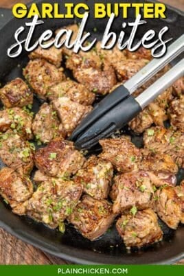 cooking steak bites in a skillet with tongs with text overlay