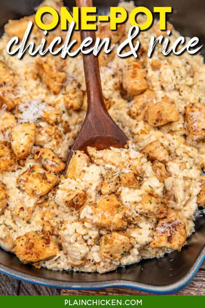 scooping chicken and rice from a skillet with a wooden spoon with text overlay
