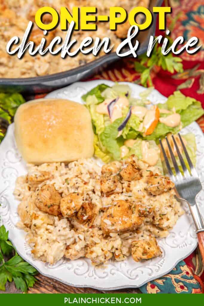 plate of chicken and rice with salad and a roll with text overlay