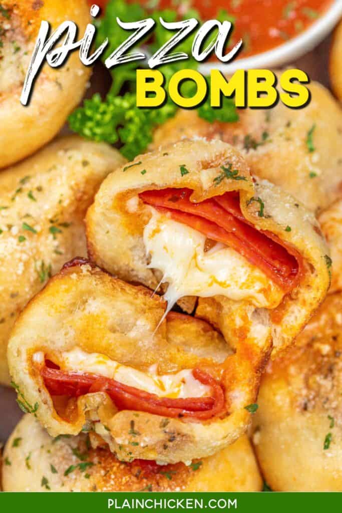 cross section of pizza bomb bites with text overlay