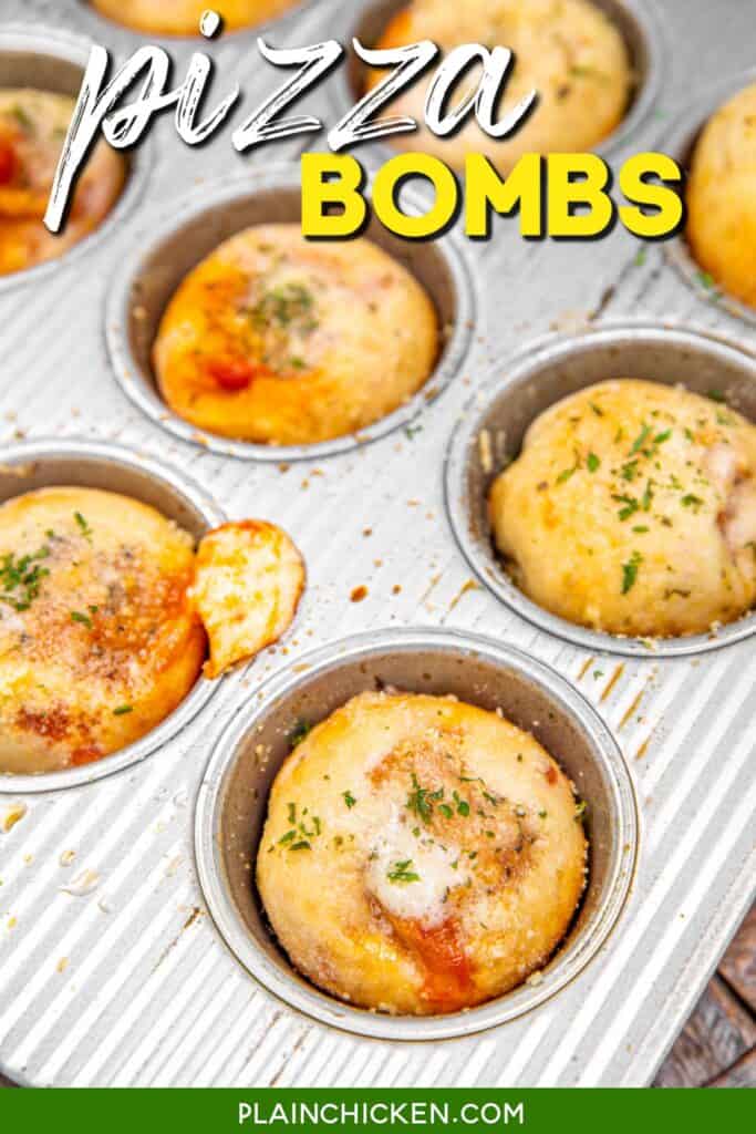 pizza bites in a muffin pan with text overlay