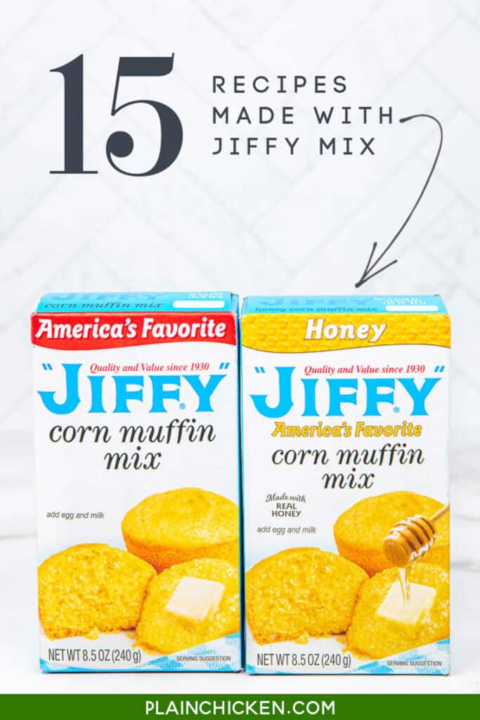 two boxes of jiffy cornbread mix on a table with text overlay