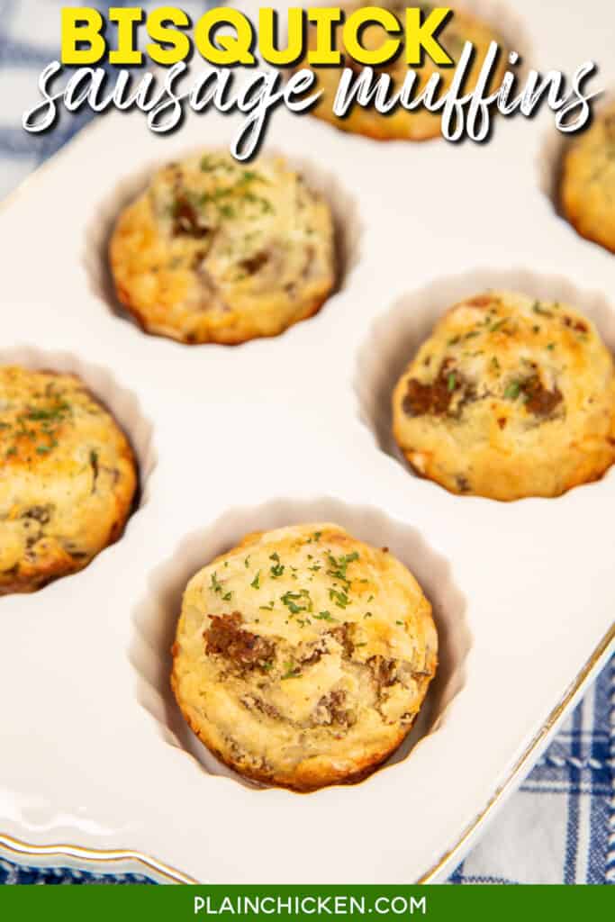 muffin pan of sausage and cheese muffins with text overlay