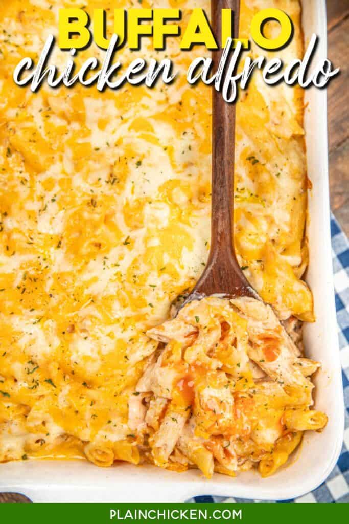 scooping buffalo chicken pasta from a baking dish with text overlay