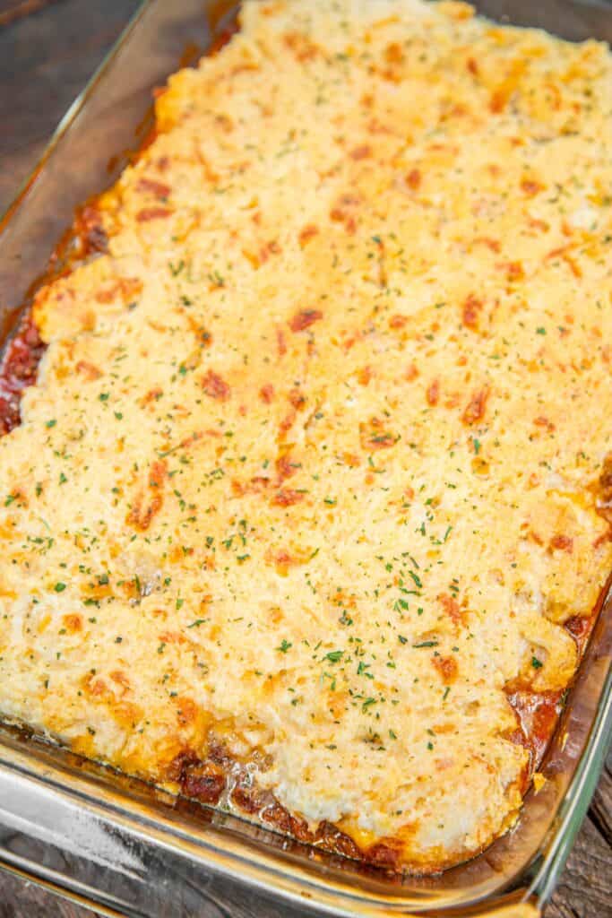 cheddar bay biscuit topped casserole in a baking dish
