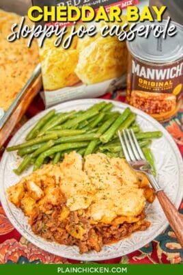 serving of cheddar bay biscuit sloppy joe casserole on a pate with green beans
