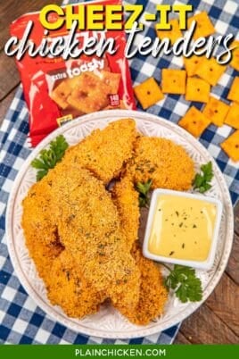 plate of cheez-it crusted baked chicken tenders with text overlay