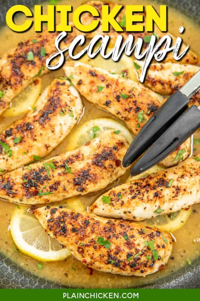 cooking chicken in lemon sauce in a skillet with tongs with text overlay