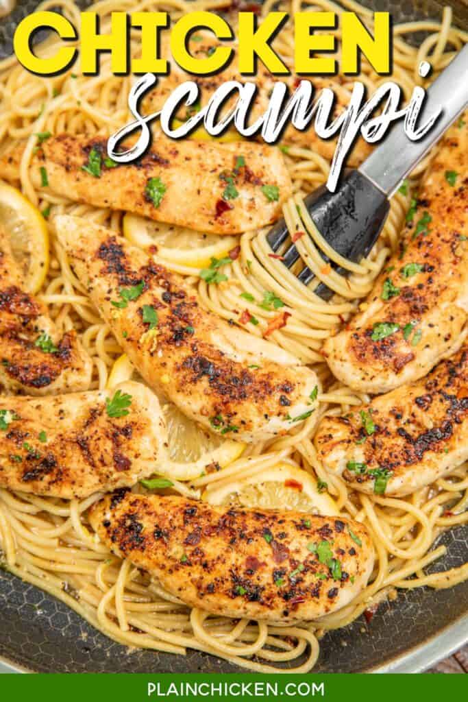 cooking chicken in lemon sauce and pasta in a skillet with tongs with text overlay