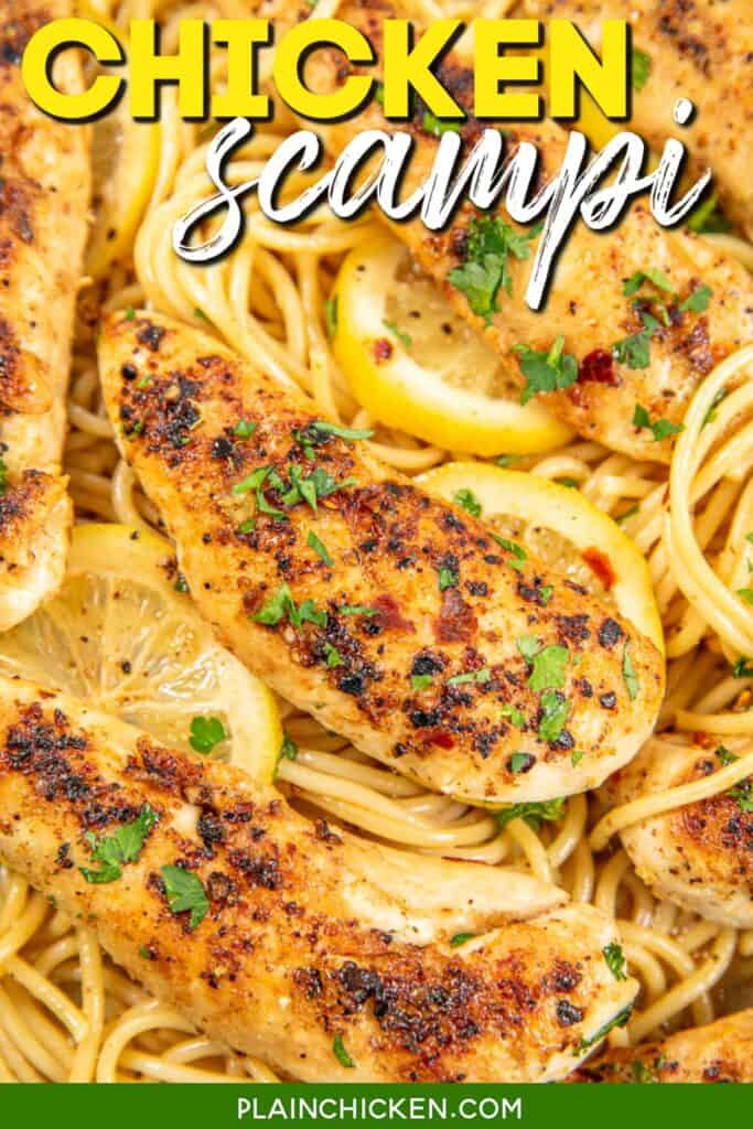 chicken on top of lemon pasta with text overlay
