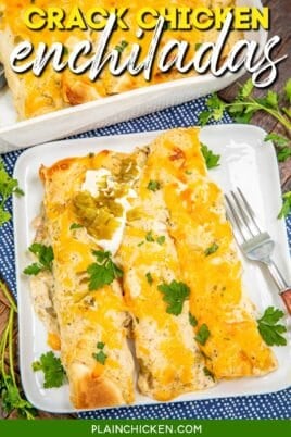 plate of chicken enchiladas on a table with text overlay