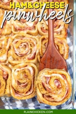 ham and cheese pizza roll on a spatula with text overlay