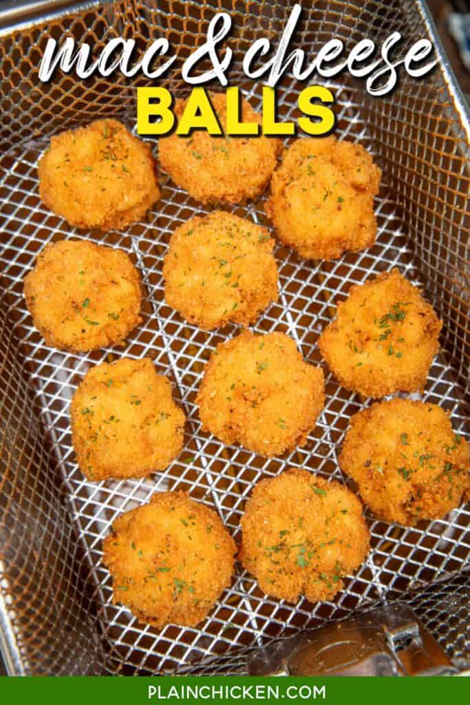 fried mac and cheese balls in a deep fryer basket with text overlay