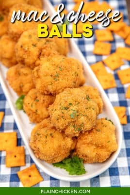 platter of fried mac and cheese balls on a tablecloth with text overlay