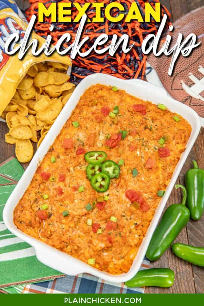 baking dish of mexican chicken dip with text overlay