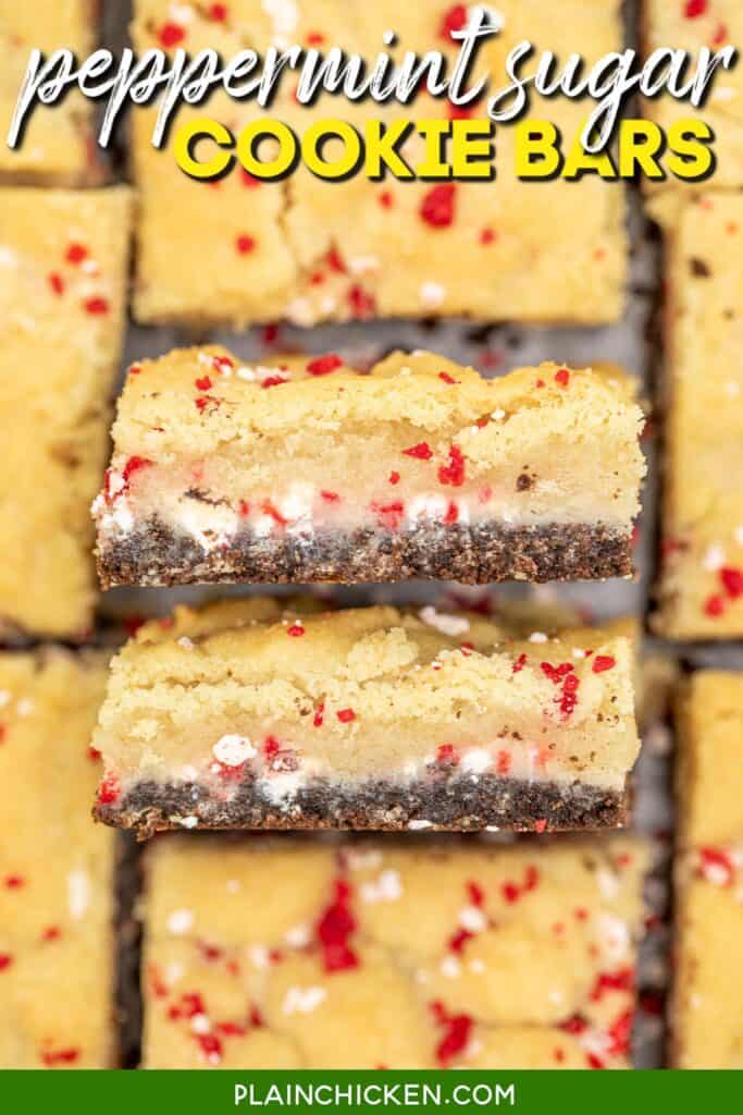 cross-section of peppermint sugar cookie bars with text overlay