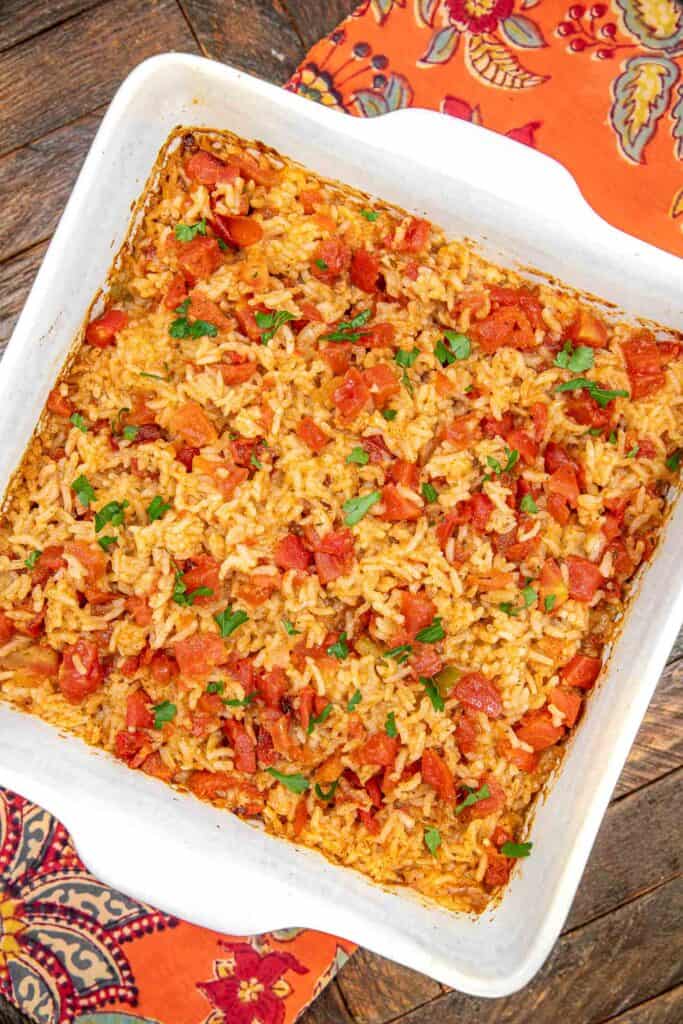 baking dish of rotel mexican rice on a table