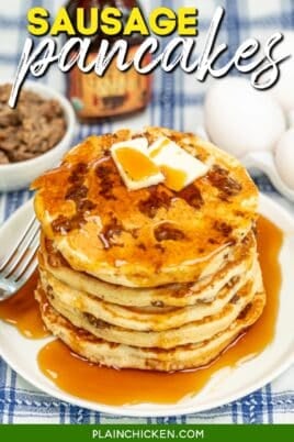 plate of sausage pancakes drizzled in syrup with text overlay
