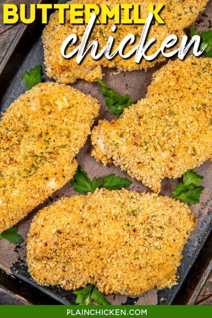 buttermilk chicken breasts on a baking pan with text overlay