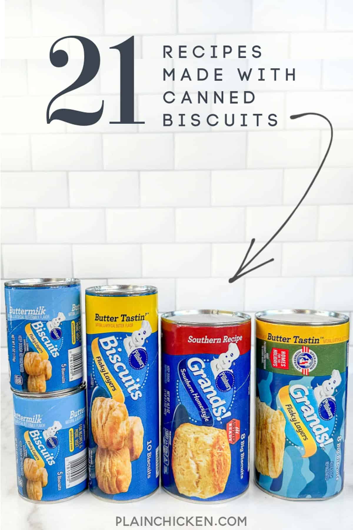 photo of 4 cans of biscuits with text overlay