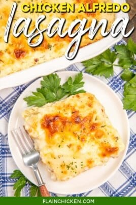 slice of chicken alfredo lasagna on a plate with text overlay