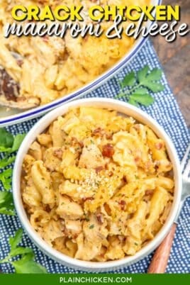 bowl of chicken macaroni and cheese on a table with text overlay