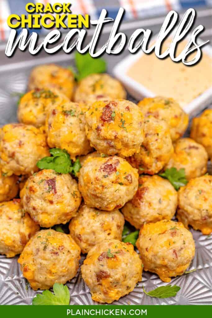chicken meatballs on a baking sheet with text overlay