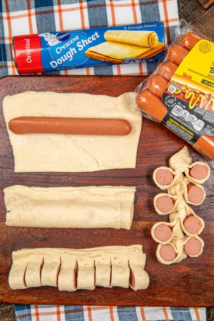 assembling crescent roll hot dogs