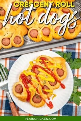 twisted crescent roll hot dog on a plate with text overlay