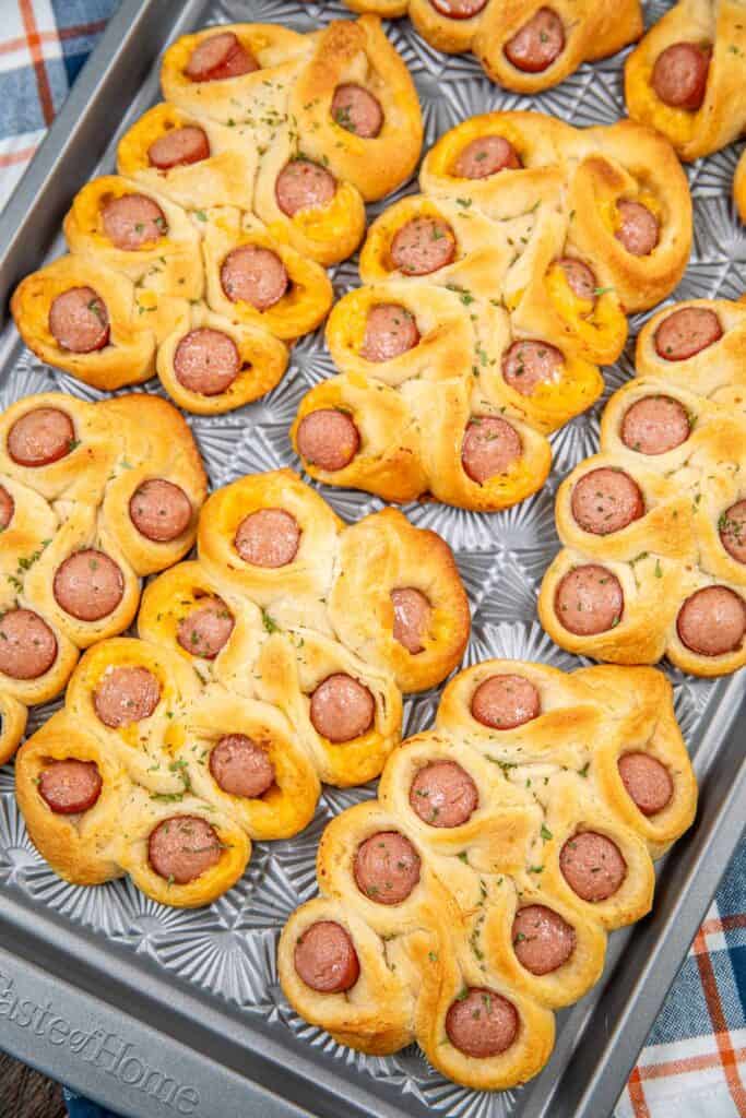 baking sheet of twisted crescent roll hot dogs