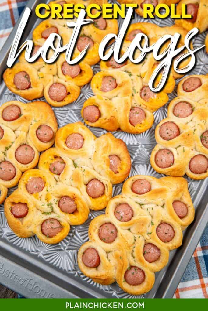 baking sheet of twisted crescent roll hot dogs with text overlay