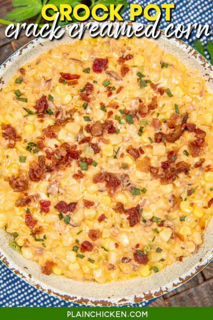 bowl of creamed corn with bacon on a table with text overlay