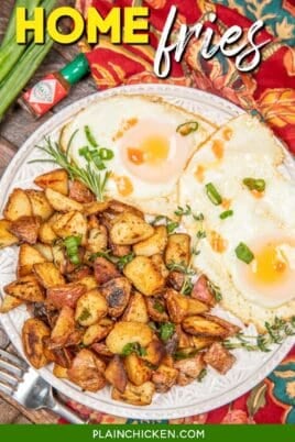 plate of home fries and fried eggs on a table with text overlay