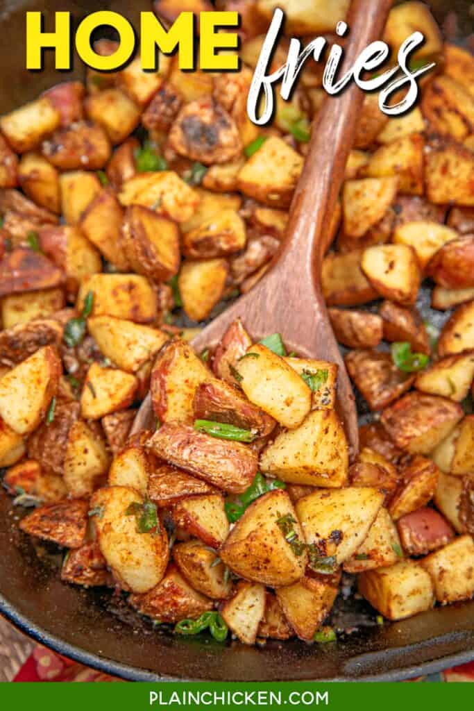skillet of home fries with text overaly