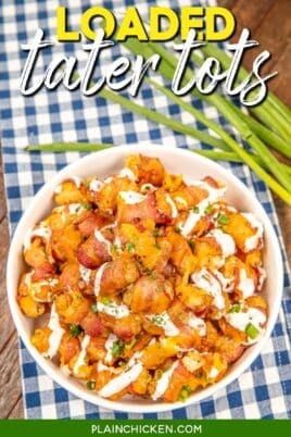 bowl of loaded tater tots on a blue and white checked tablecloth with text overlay