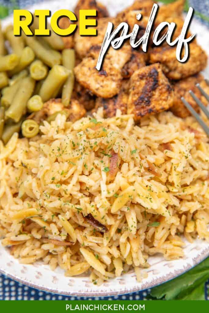 plate of rice pilaf with chicken and green beans with text overlay