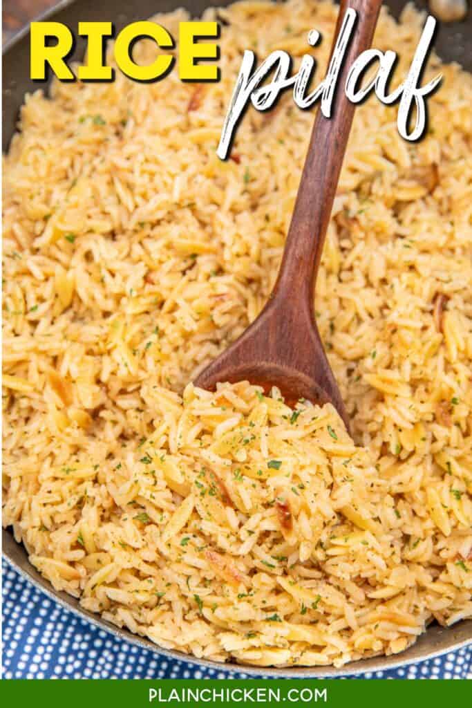 scooping rice pilaf from a skillet with text overlay