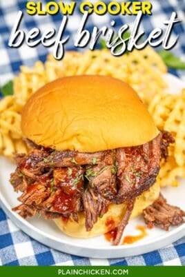 brisket sandwich on a plate with fries with text overlay