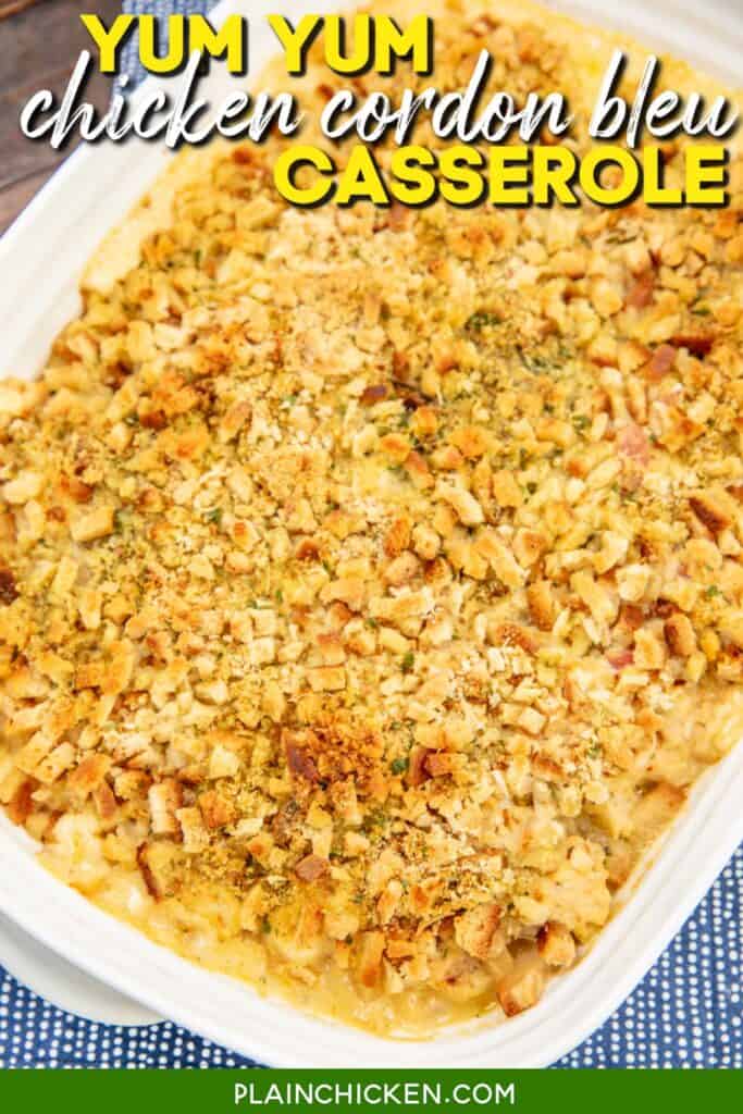 baking dish of ham and chicken casserole with text overlay