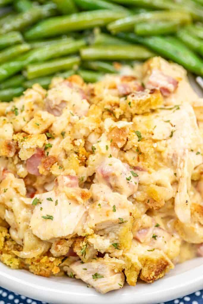plate of ham and chicken stuffing casserole