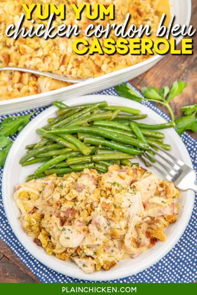 plate of ham and chicken stuffing casserole with text overlay