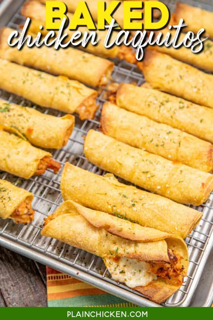 taquitos on a baking sheet with text overlay
