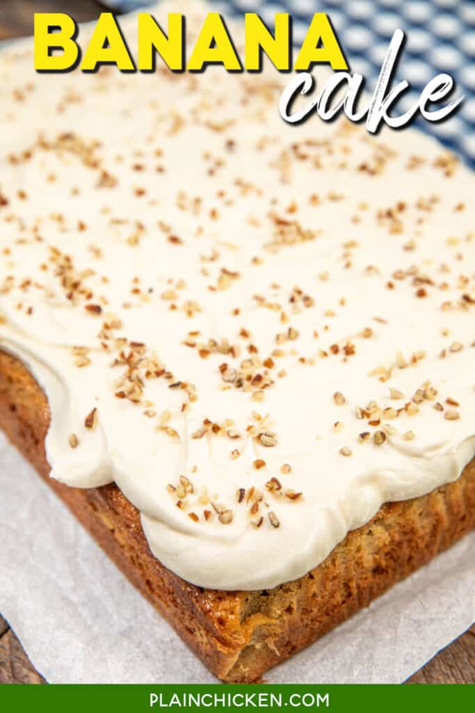 banana cake topped with cream cheese frosting and pecans with text overlay